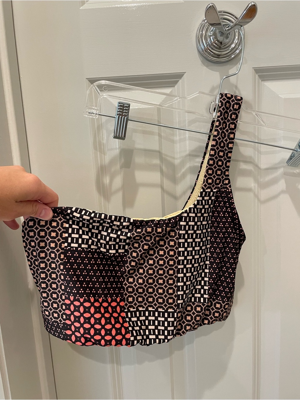 Anthropologie Black and Pink Patchwork One-Shoulder Bikini Top